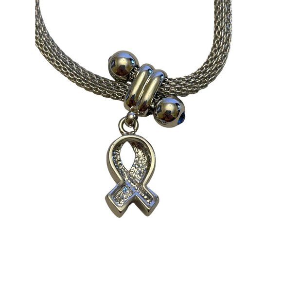 Silver Mesh Bracelet With Blue & Red Rhinestone Ribbon Pendant - Picture 10 of 10